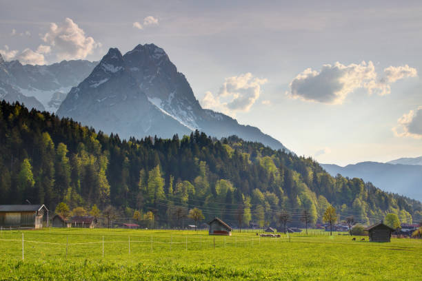 picos nevados waxenstein y zugspitze por encima de los árboles y pequeños graneros de heno de madera, cabañas y casas en la soleada tierra de pastoreo bajo el cielo azul, wetterstein garmisch partenkirchen bayern alemania europa - waxenstein fotografías e imágenes de stock