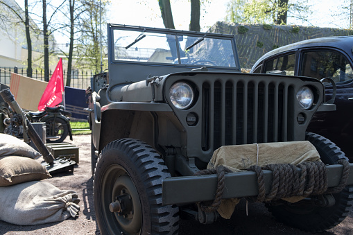 May 9 2019, Russia St. Petersburg. Exhibition of military retro cars. City holiday dedicated to