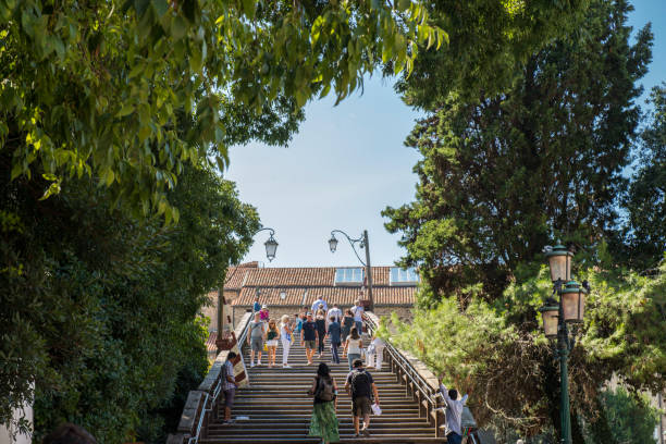 persone in piedi e che camminano sul ponte dell'accademia sul canal grande a venezia, italia. - venice italy beautiful accademia bridge grand canal foto e immagini stock
