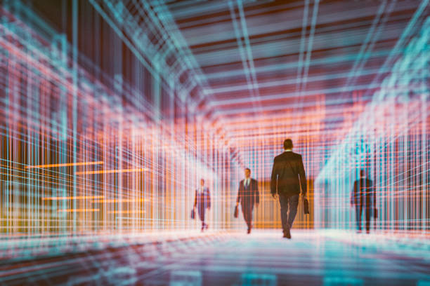 istock Businessmen walking in virtual reality display 1148098441