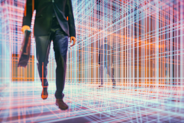 istock Businessmen walking in virtual reality display 1148098452