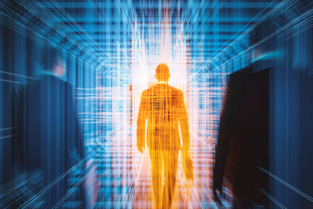 istock Businessmen walking in virtual reality display 1148099685
