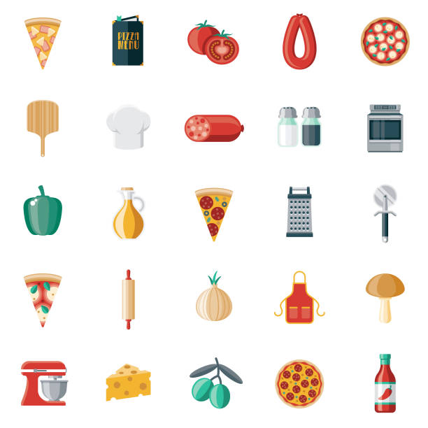 illustrazioni stock, clip art, cartoni animati e icone di tendenza di set di icone di design piatto pizza - pizza margherita