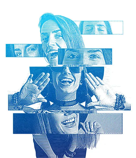 Vector illustration of Multiple exposure of a cheerful woman with positive emotions