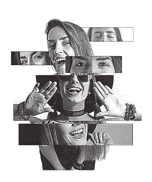 Multiple exposure of a cheerful woman with positive emotions Engraving Multiple exposure of a cheerful woman with positive emotions image montage illustrations stock illustrations