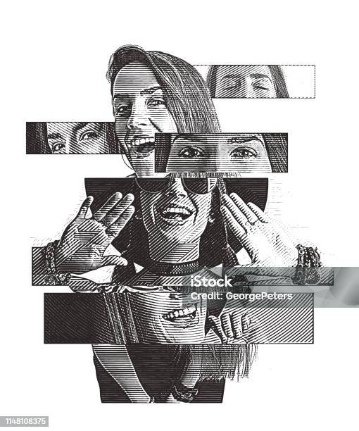 Multiple Exposure Of A Cheerful Woman With Positive Emotions Stock Illustration - Download Image Now
