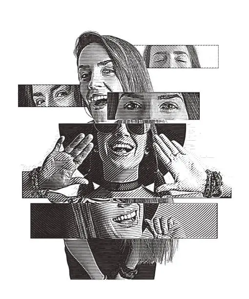 Vector illustration of Multiple exposure of a cheerful woman with positive emotions