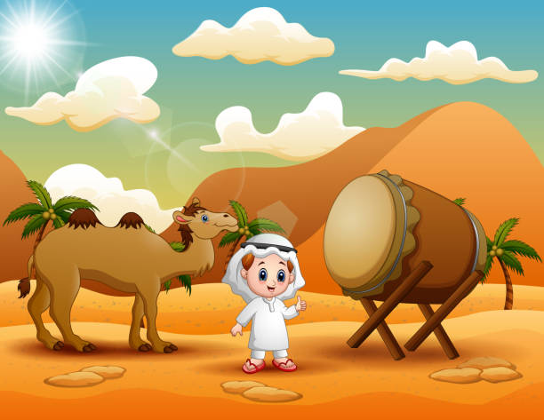 Arab boy with camel are celebrating Eid mubarak Arab boy with camel are celebrating Eid mubarak bedug stock illustrations