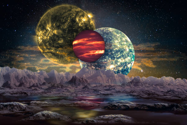 Fantastic extraterrestrial world landscape. Mountain planet surface with water and three alien moons above the cloudy atmosphere. Elements of this image furnished by NASA.