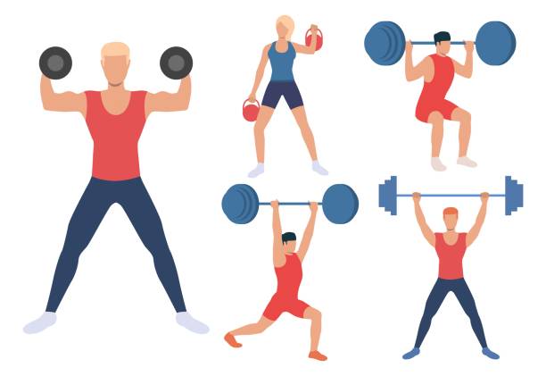 Set of male and females weight lifters Set of male and females weight lifters. Group of athletes lifting barbells, dumbbells and kettlebells. Sport concept. Vector illustration can be used for topics like weightlifting, gym, training weightlifting stock illustrations