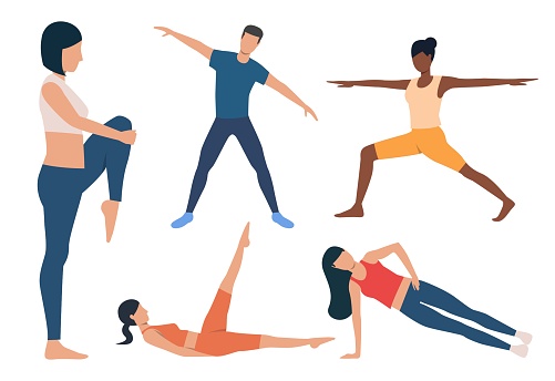 Set Of Morning Exercises Men And Women Warming Up Stock Illustration - Download Image Now - Warm Up Exercise, Group Of People, Pilates - iStock
