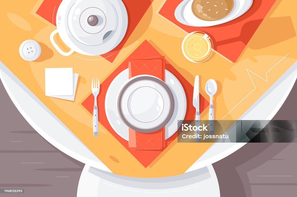 Platte tafel instelling met bord, eten, bestek, theepot en tafelkleed. - Royalty-free Voedsel vectorkunst