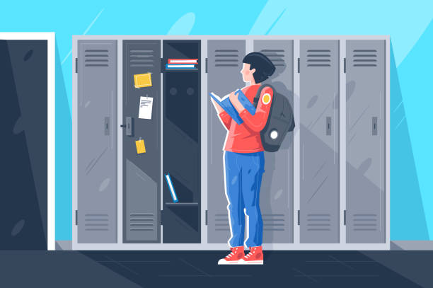 学校のロッカーに本を持つフラット若い女の子。 - locker high school student student backpack点のイラスト素材／クリップアート素材／マンガ素材／アイコン素材