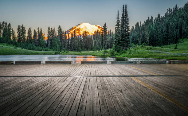 wooden plank front of  Mount Rainier,Washington State,USA.