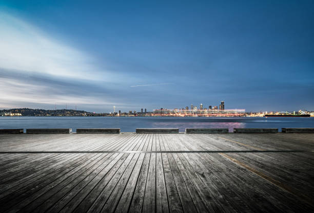 istock empty wooden floor front of urban skyline,seattle 1148129053