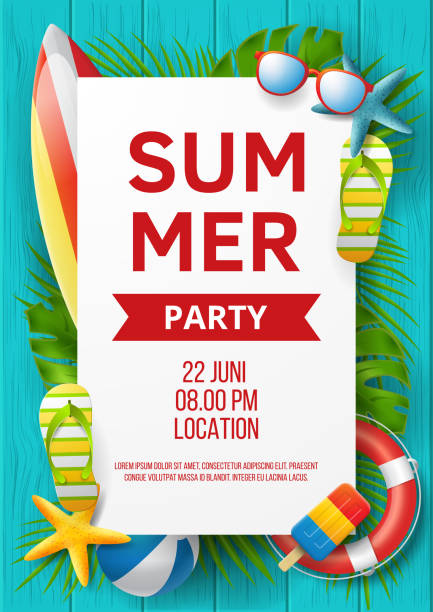 sommerparty-vektor-banner-design mit bunten strandelementen. vektorabbildung - beach party stock-grafiken, -clipart, -cartoons und -symbole