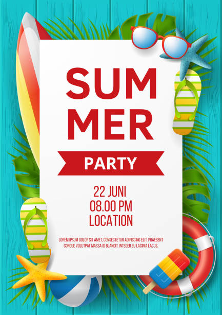 Summer party vector banner design with colorful beach elements. Vector illustration Summer party vector banner design with colorful beach elements. Vector illustration. Vector illustration. Vector illustration. Can be used for banner, flyer, greeting card, advertising, poster. beach party stock illustrations