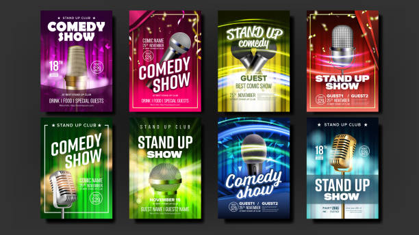 ilustrações de stock, clip art, desenhos animados e ícones de collection of stand up show posters set vector - comedian