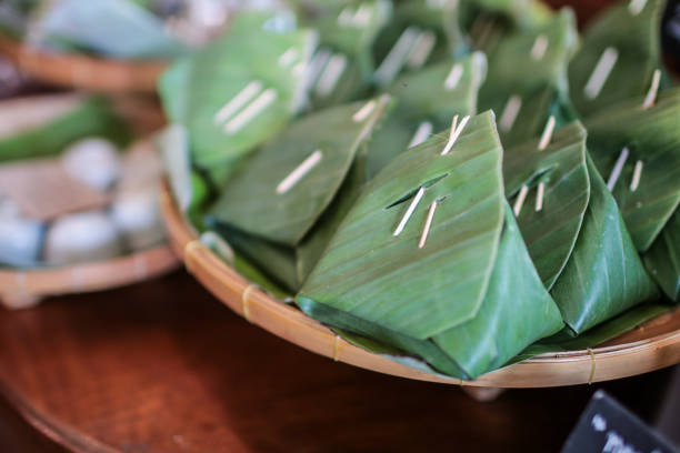 Banana leaf packaging Sweet Sticky Rice with Thai Custard