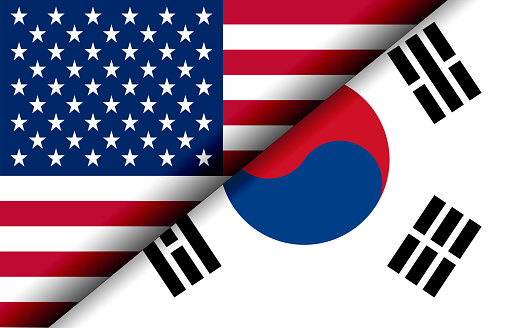 3D illustration of Two Wavy Crossed Flags of United States of America and North Korea, Sign of American and North Korean Relationships