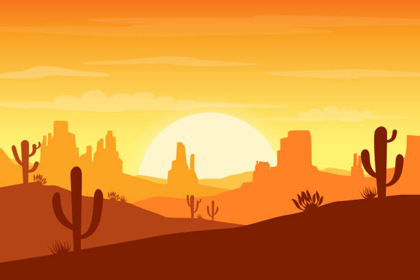 wüstenlandschaft bei sonnenuntergang mit kakteen und hügeln silhouetten hintergrund-vector illustration - wüste stock-grafiken, -clipart, -cartoons und -symbole