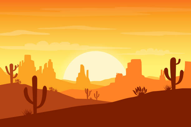 illustrations, cliparts, dessins animés et icônes de paysage de désert au coucher du soleil avec le fond de silhouettes de cactus et de collines-illustration vectorielle - ouest