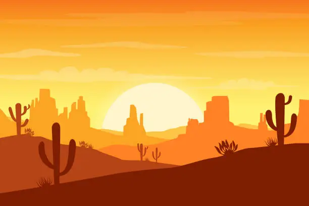 Vector illustration of Desert landscape at sunset with cactus and hills silhouettes background - Vector illustration