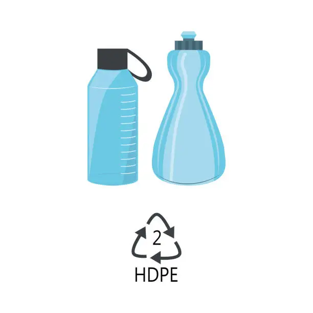 Vector illustration of HDPE 2 plastic type - blue high-density polyethylene bottles with recycle triangle arrow sign.