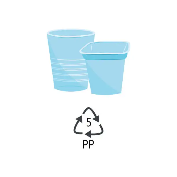 Vector illustration of PP 5 plastic type - blue heat-resistant polypropylene cups with recycle triangle arrow sign.