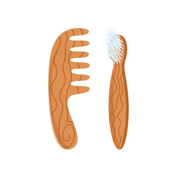 Vector illustration of Vector illustration of wooden hair comb and brush in flat style.