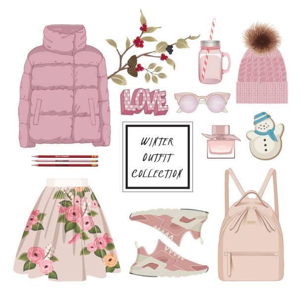 Vector of hand drawn fashion illustration. A set of winter outfit collection with accessories. Design for banner, poster, card, invitation and scrapbook winter fashion collection stock illustrations