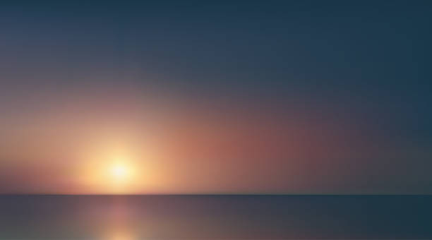 istock Abstract aerial panoramic view of sunrise over ocean. Nothing but blue bright sky and deep dark water. Beautiful serene scene. Romantic Vector illustration. EPS 10 1148145857