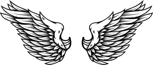 Vector illustration of Angel wings in tattoo style isolated on white background. Design element for poster, t shit, card, emblem, sign, badge.