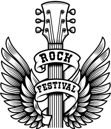 Rock festival. Guitar head with wings. Design element for poster, t shirt, emblem, sign, label. Vector illustration