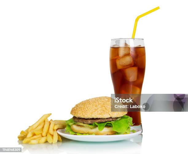 Fast Food Juicy Yummy Burger Fries And Refreshing Drink Isolated On White Stock Photo - Download Image Now