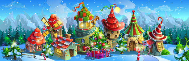 Christmas fairy tale village in the winter. Christmas fairy tale village in the winter. Colorful houses with a christmas tree and gift boxes. Big vector panorama. village stock illustrations