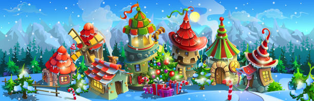 Christmas fairy tale village in the winter. Christmas fairy tale village in the winter. Colorful houses with a christmas tree and gift boxes. Big vector panorama. fairy tale village stock illustrations