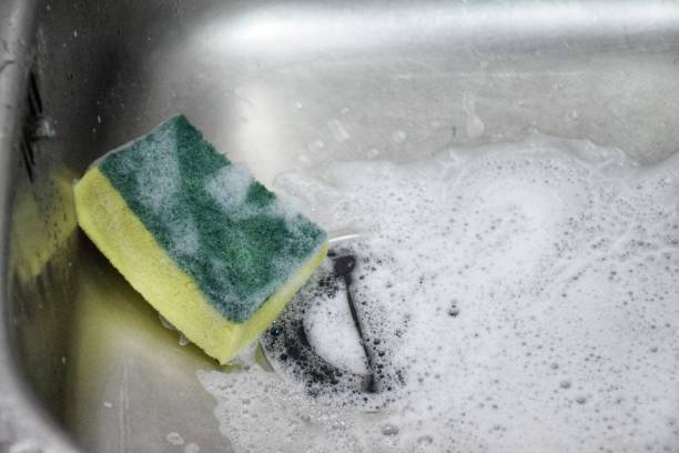 Scouring pad or Scourer with foam in sink.