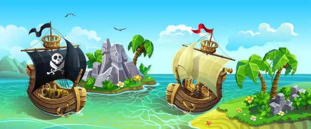 Vector illustration of Wooden sailing ships among tropical islands. Pirates hunt for treasure.