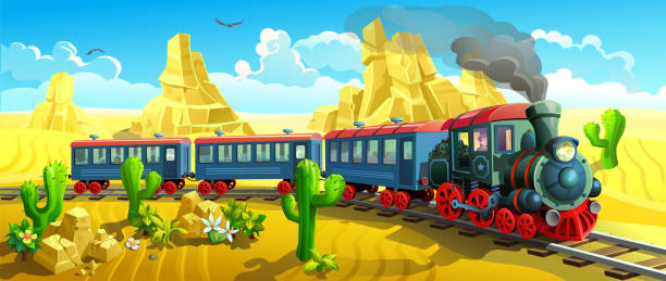 ilustrações de stock, clip art, desenhos animados e ícones de steam train rides among the deserts and cacti. - train steam train sun vector