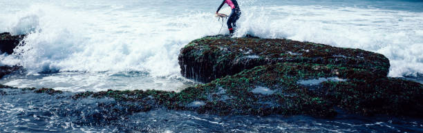 Woman surfer with surfboard going to surf