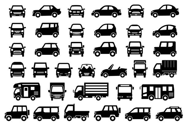 przód i bok prostego samochodu (czarna sylwetka) - truck stock illustrations