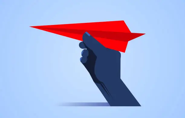 Vector illustration of Take off, huge hand holding red paper plane