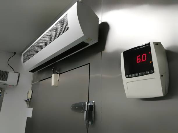 istock Front of Raw Seafood and Meat Cold storage room with control temperature at 6 celsius degrees 1148153428