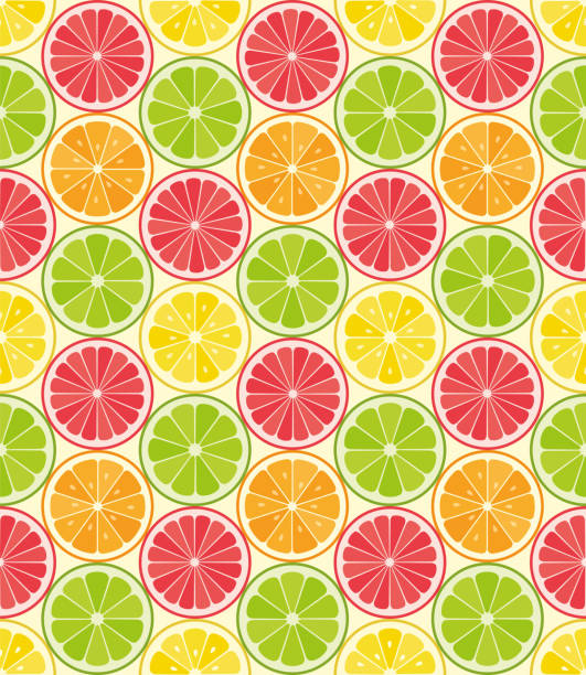 illustrations, cliparts, dessins animés et icônes de motif sans soudure vectoriel à partir de tranches d’agrumes. orange, citron, lime, tranches de pamplemousse. fond d’été. - lime fruit citrus fruit portion