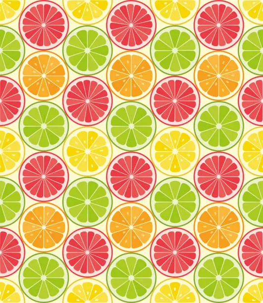 Vector illustration of Vector seamless pattern from citrus slices. Orange, lemon, lime, grapefruit slices. Summer background.