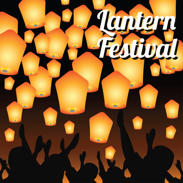 ilustraciones, imágenes clip art, dibujos animados e iconos de stock de sky lantern festival para el cartel del festival de linternas. ilustración vectorial - candle human hand candlelight symbols of peace