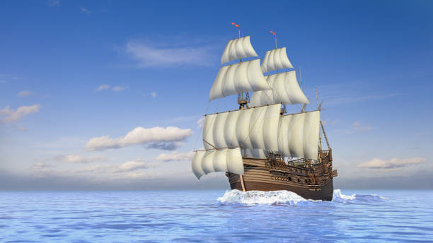 istock Sailing ship wooden old, in the sea. 1148165780