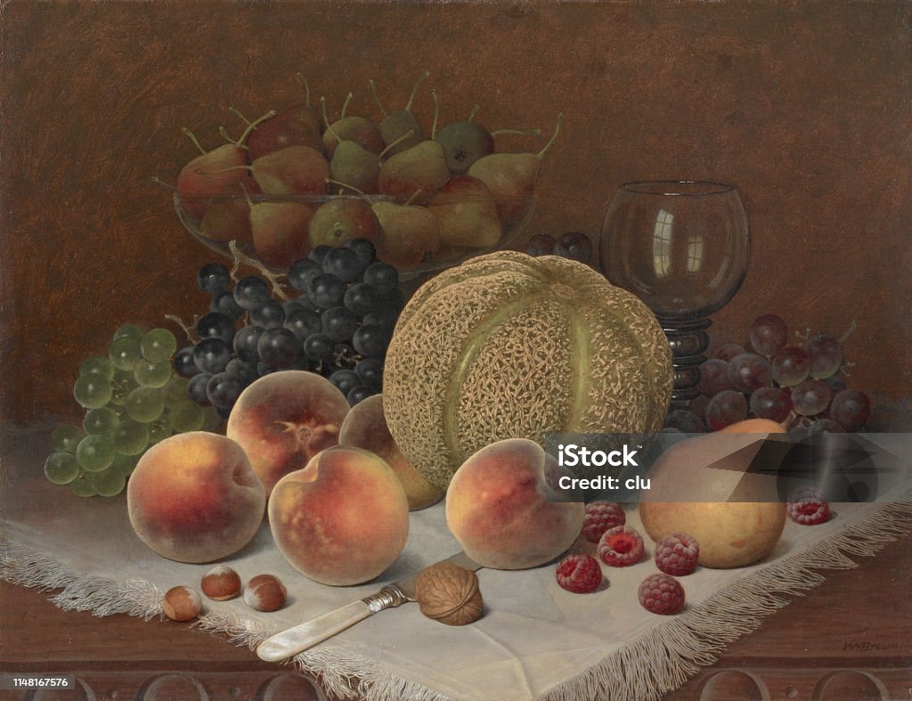 Fruits on the table, with knife Illustration from 19th century Kitchen Knife stock illustration