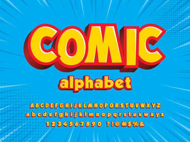 comic font Comic style alphabet design with uppercase, lowercase, numbers and symbol cartoon fonts stock illustrations